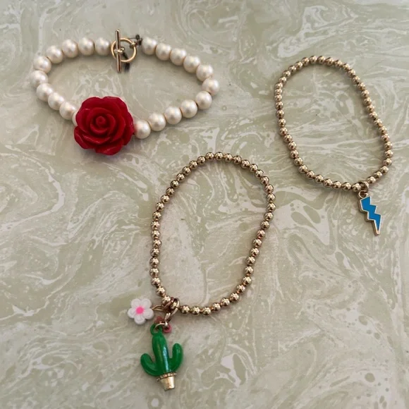 Handmade Charm Bracelet Set – Pearl & Gold Beaded Stack 🌸⚡🌵 - Picture 1 of 2